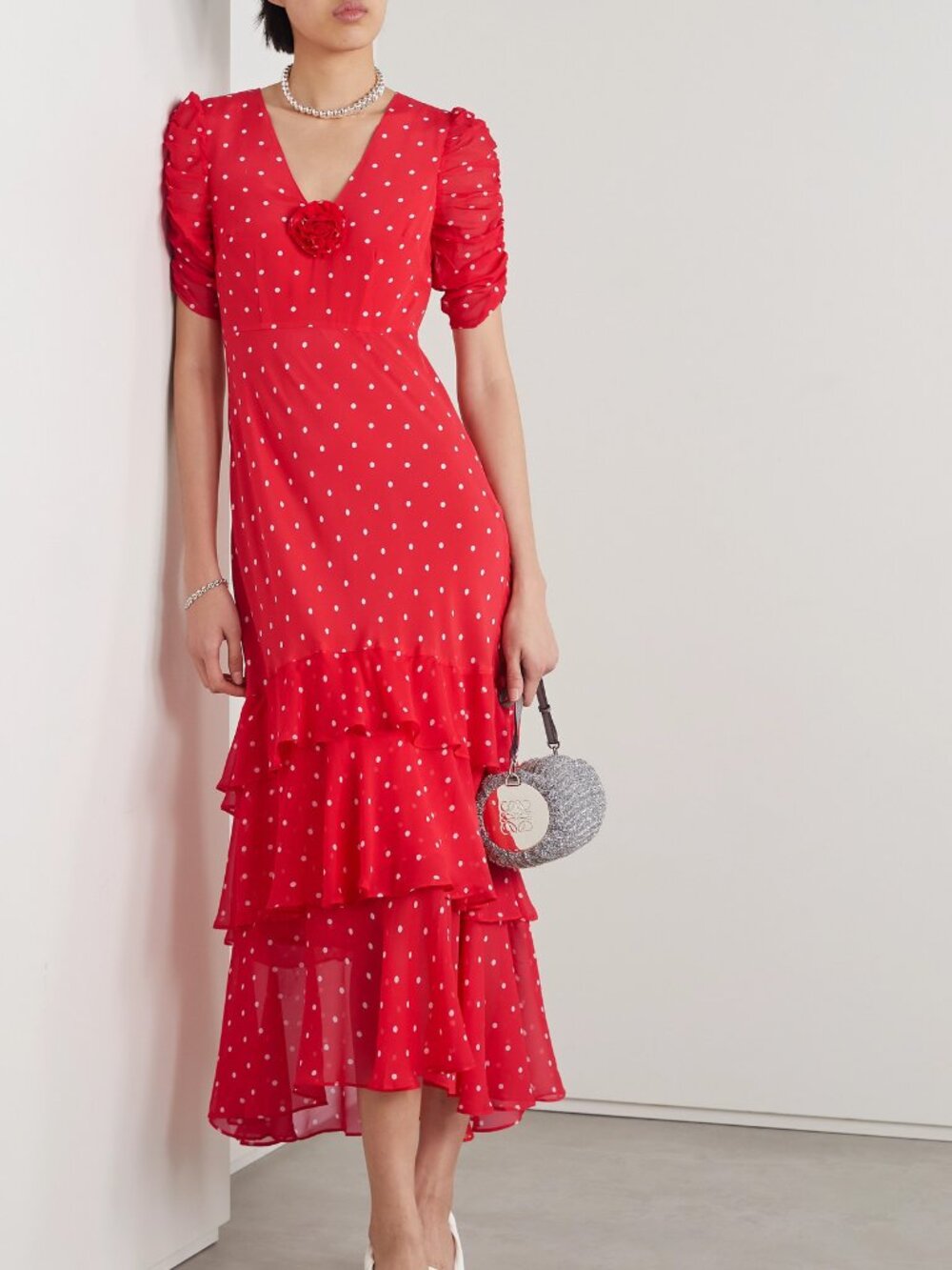 RIXO Rosheen Red Polka Dot Silk Blend Tiered Ruffle Maxi Dress US 2 EU 34